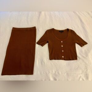 Almost Famous Skirt Set Juniors L ribbed short-sleeve knit sweater caramel brown